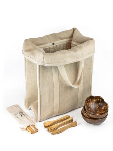 kit pique nique grand sac isotherme bols coco couverts et pailles en bambou