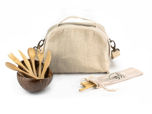 Kit pique nique petit sac isotherme naturel  bols coco et couverts bambou