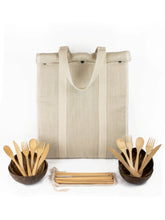 Load image into Gallery viewer, Lot pique nique grand sac isotherme naturel bols coco avec couverts et pailles en bambou